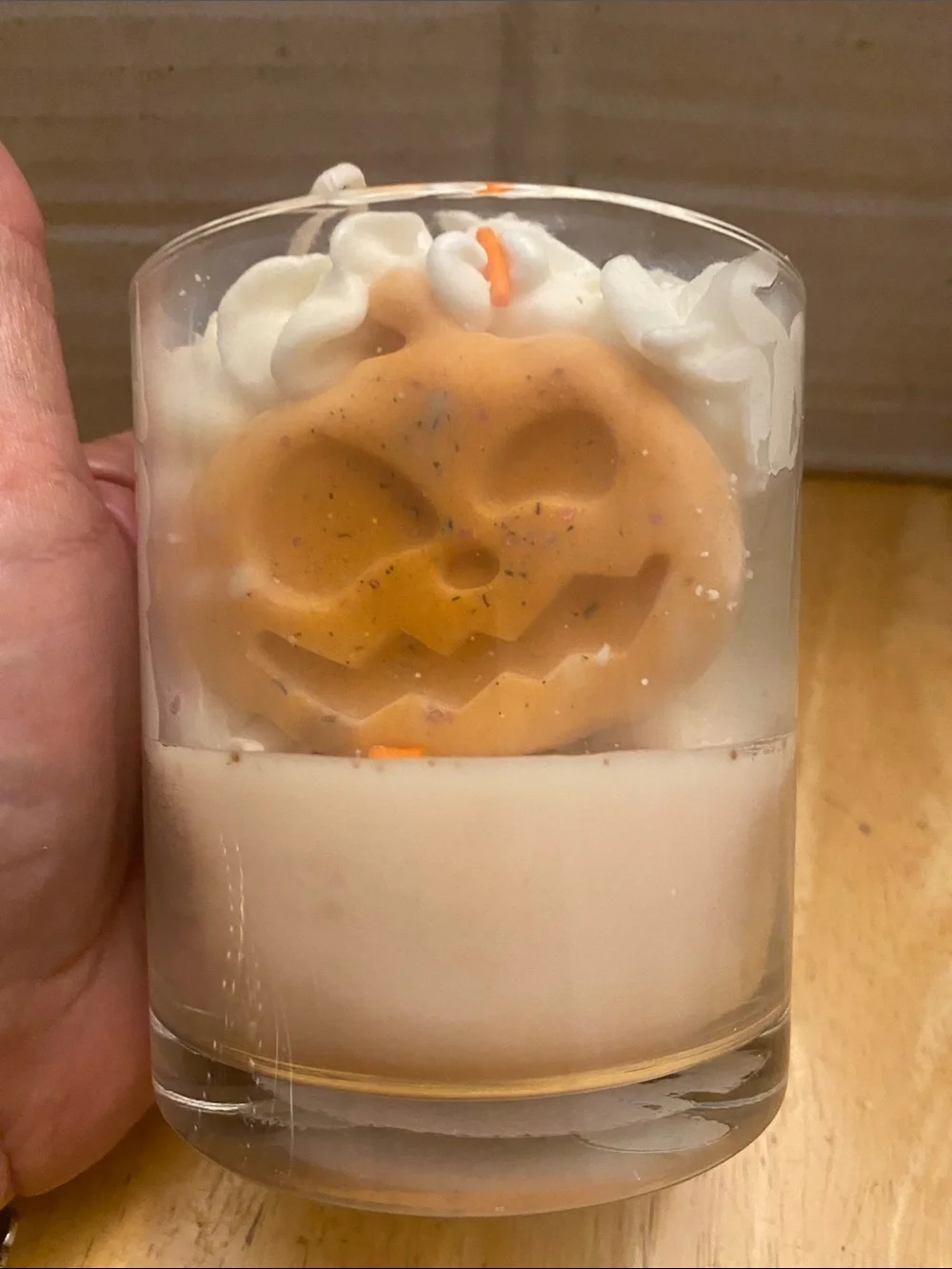 Handcrafted pumpkin candle in glass jar w 2 wicks about 3.5in tall 3in wide new